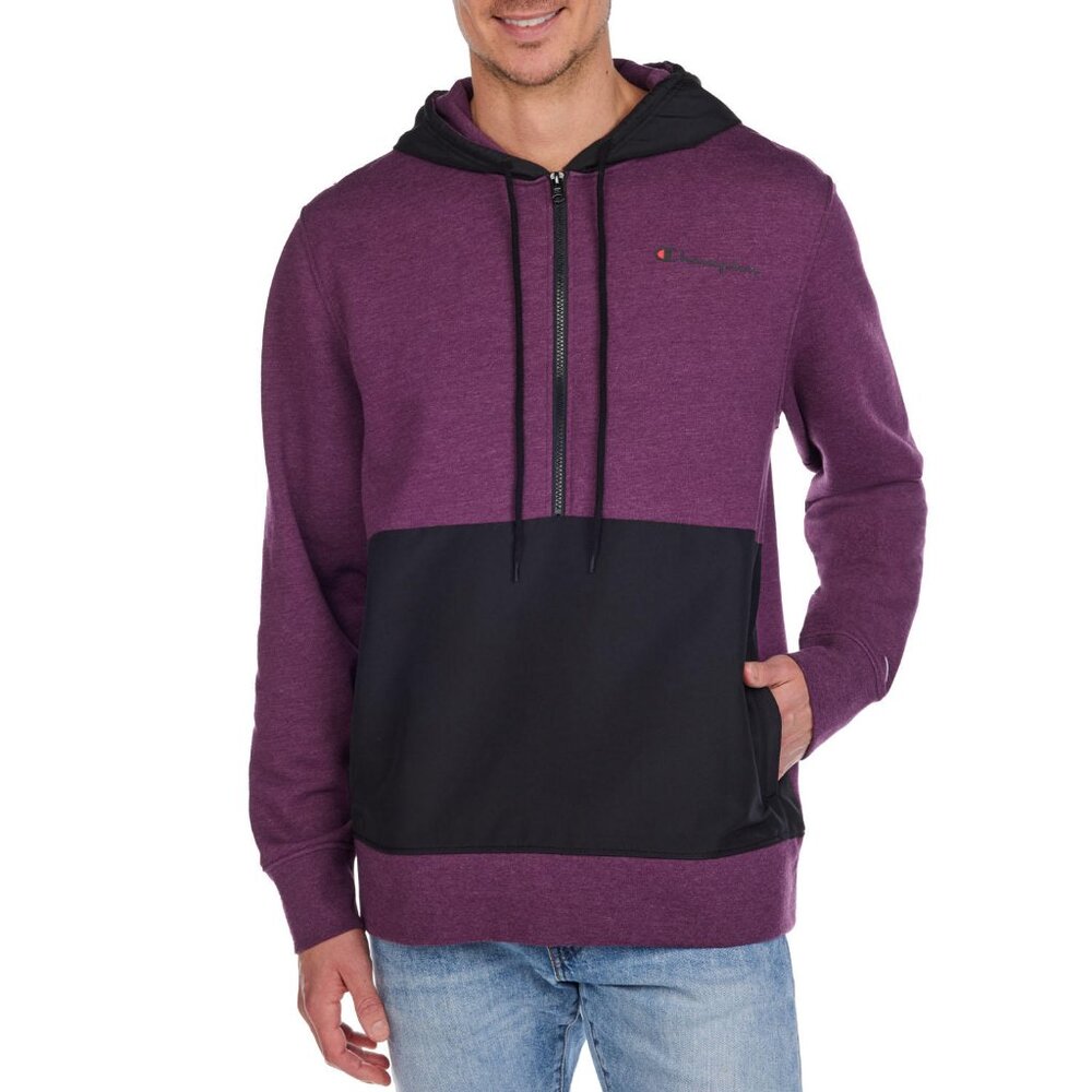 Champion Men's Half Zip Fleece Woven-Mix: Hoodie & Jogger  (Plum Port Heather)